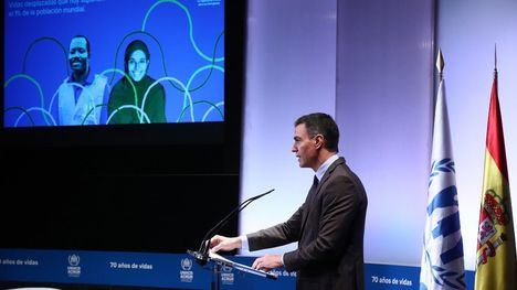 Pedro Sánchez durante su intervención en el evento de celebración mundial del 70º Aniversario de la Convención sobre el Estatuto de los Refugiados